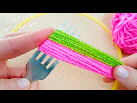 It's so Beautiful !! 2 Super Easy Woolen Flower Making Trick Using Fork - Hand Embroidery Flowers