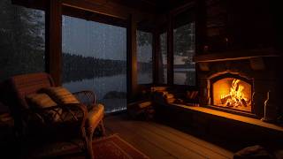 Rain on the Lake in a Warm Wooden Cabin with Fireplace | Slow Rainy Night Ambience
