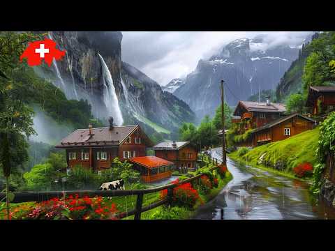 Rainy Day in SWITZERLAND 🌧️ 4K Most Beautiful Villages 🇨🇭 Walking in the Rain, Lauterbrunnen, Wengen
