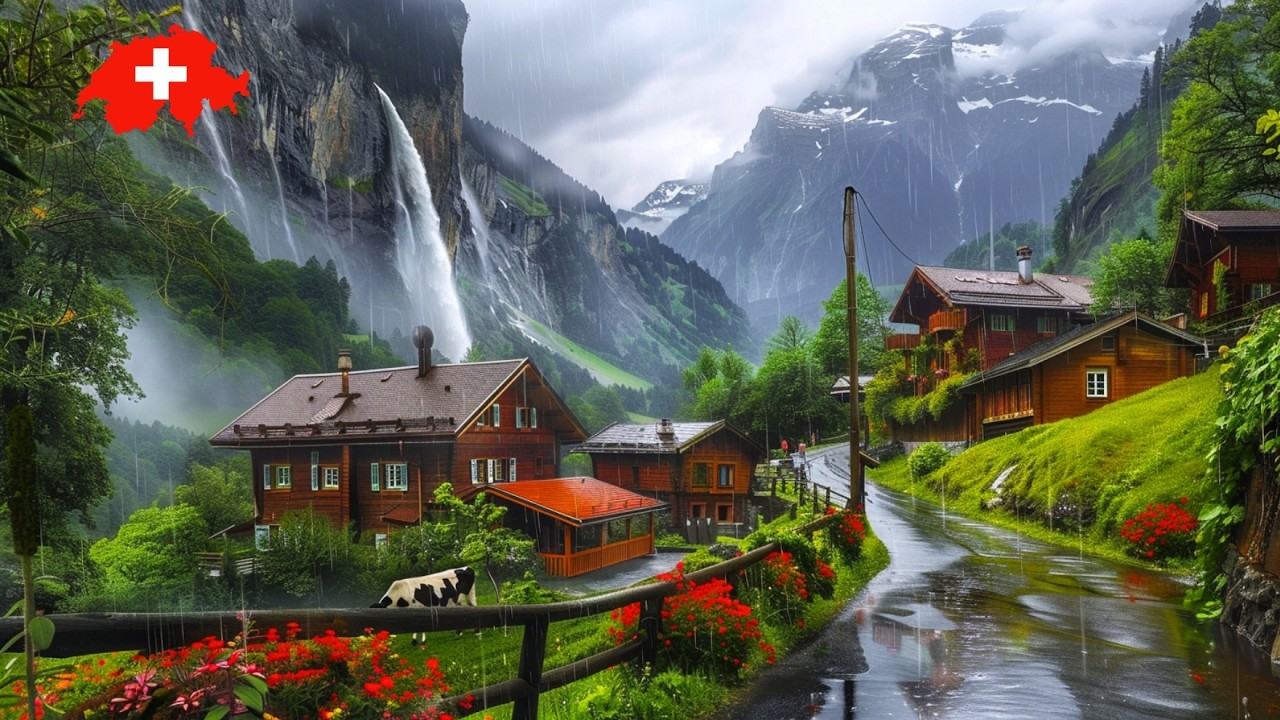 Rainy Day in SWITZERLAND 🌧️ 4K Most Beautiful Villages 🇨🇭 Walking in the Rain, Lauterbrunnen, Wengen