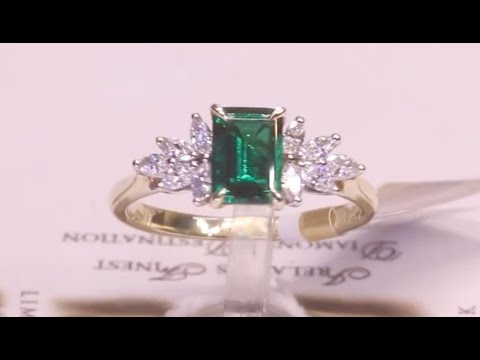 #103873 | EM0.75ct/D0.27ct | LG Emerald Cut Emerald with Marquise Side Diamonds | 9ct Yellow Gold