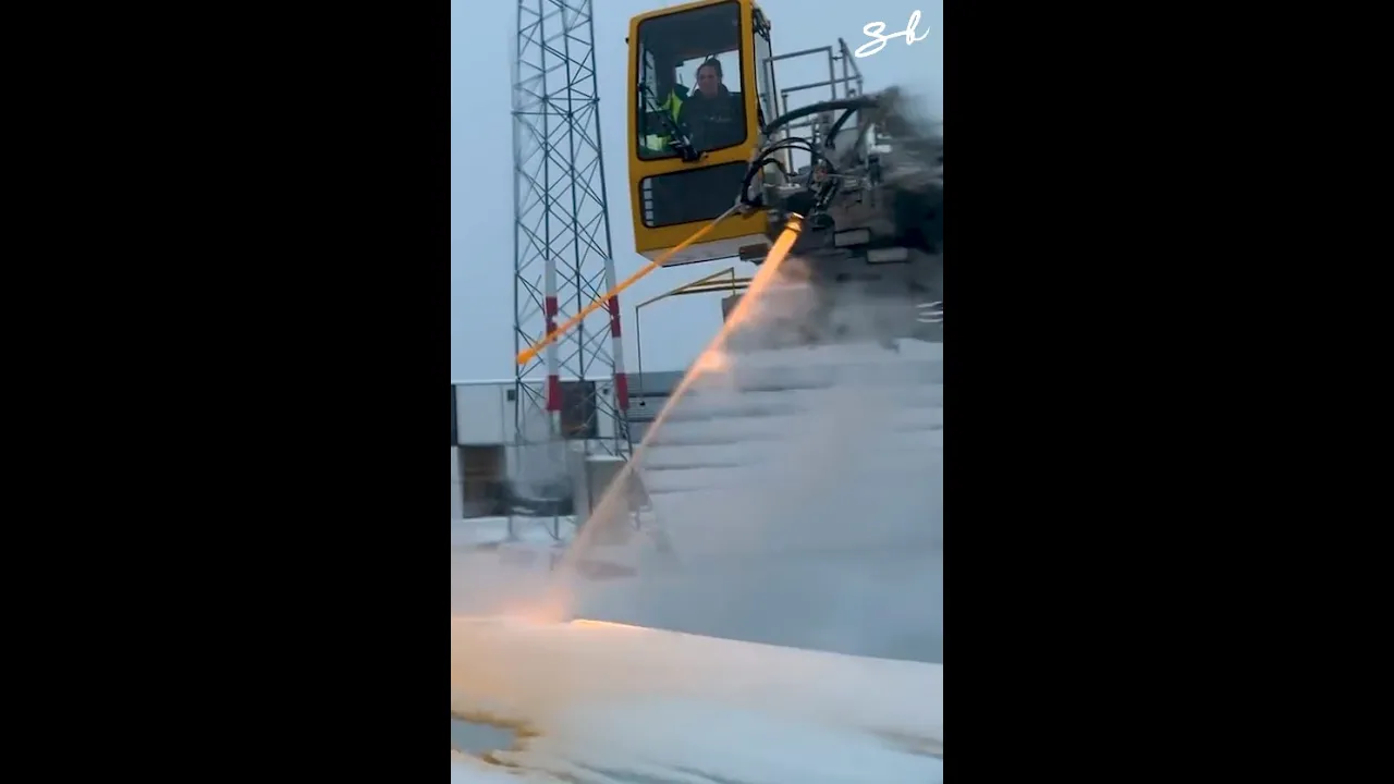 The process of de-icing a wing before takeoff 😍