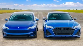 New Tesla Model 3 v Audi RS7: DRAG RACE