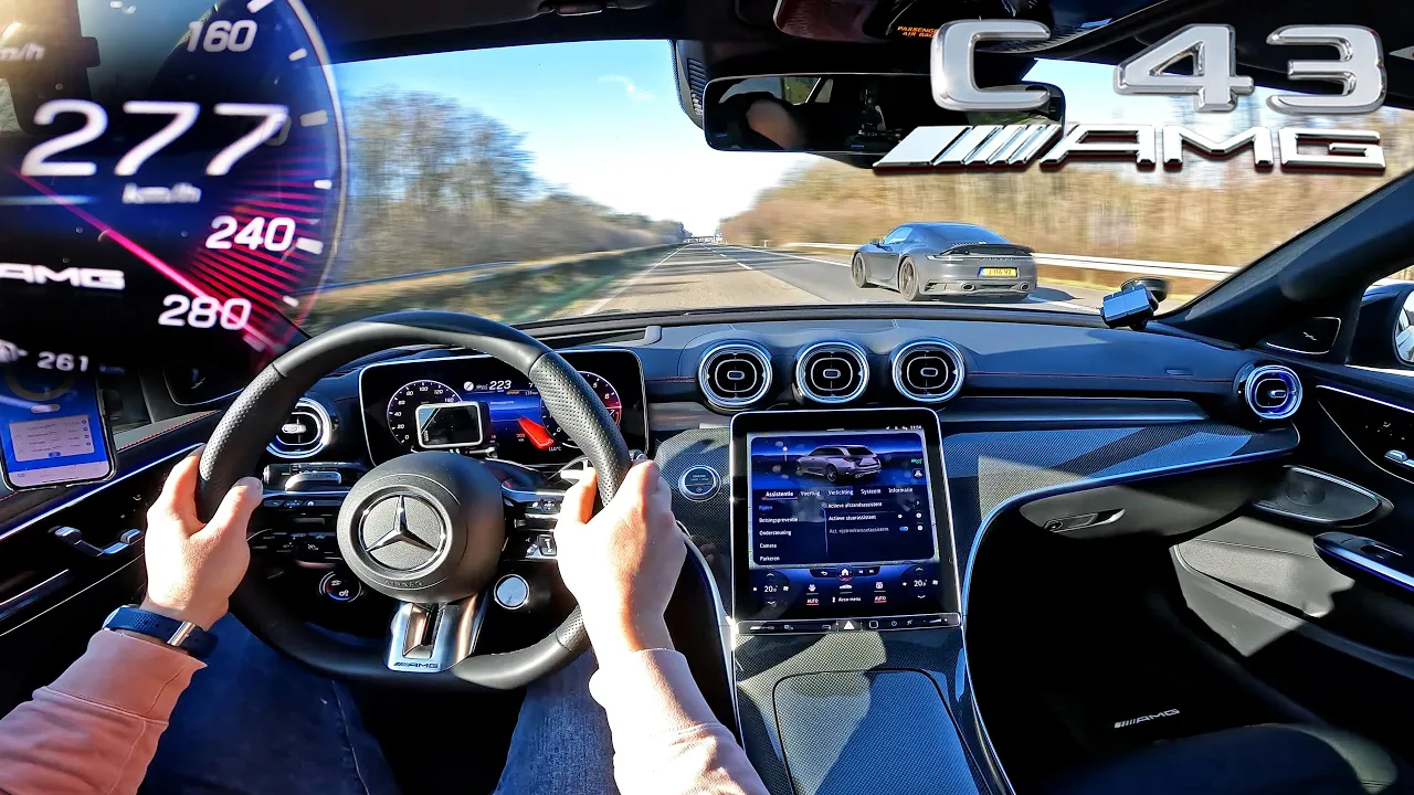 2024 Mercedes AMG C43 meets Porsche 911 on Autobahn!