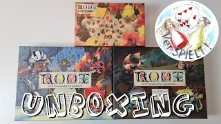 Root Marauder Erweiterung + Hirelings + Clockwork Expansion 2 Kickstarter Unboxing, Leder Games