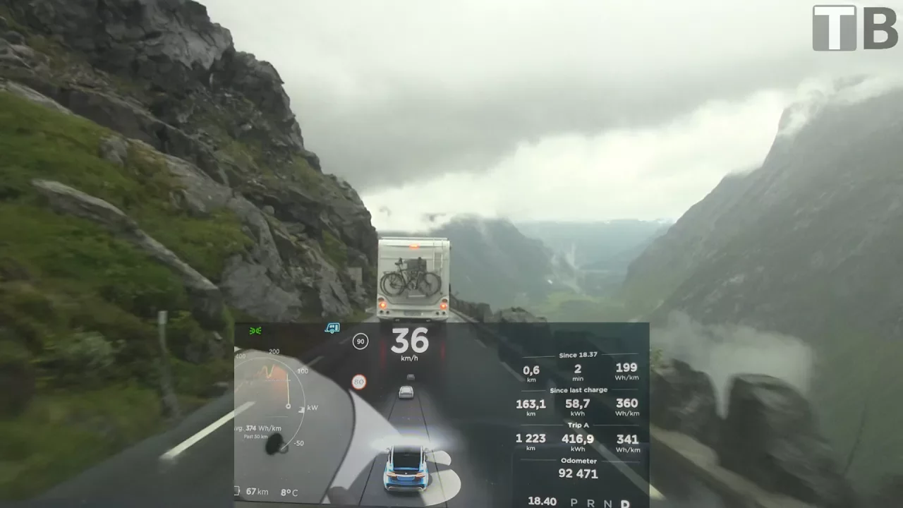 Descending Trollstigen with Model X and trailer