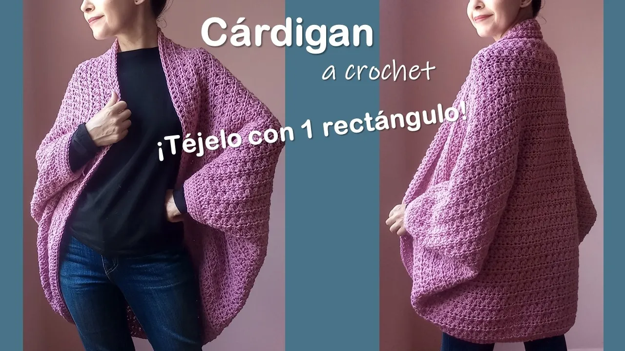 Cárdigan Cielo Rosa a crochet en rosa malva, con textura en relieve y mangas amplias, visto de frente y de espalda.