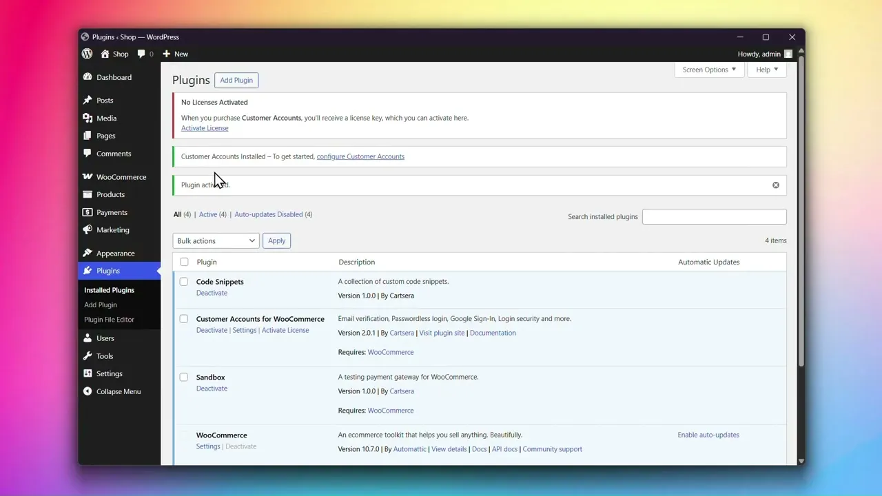 Installing and Activating Customer Accounts for WooCommerce
