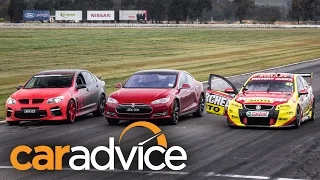 Tesla Model S v Holden V8 Supercar v Walkinshaw HSV GTS Drag Race