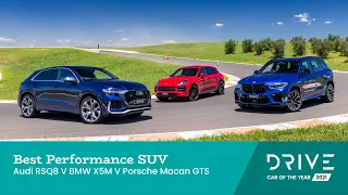 Audi RSQ8 v BMW X5 M v Porsche Macan GTS | Best Performance SUV | Drive Car of the Year 2021
