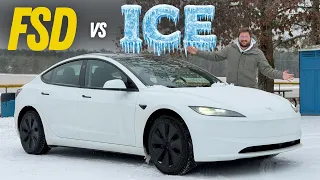 Tesla FSD vs Snow / Ice! Emergency Avoidance, Braking, Slide Correction, Lane Perception, & More