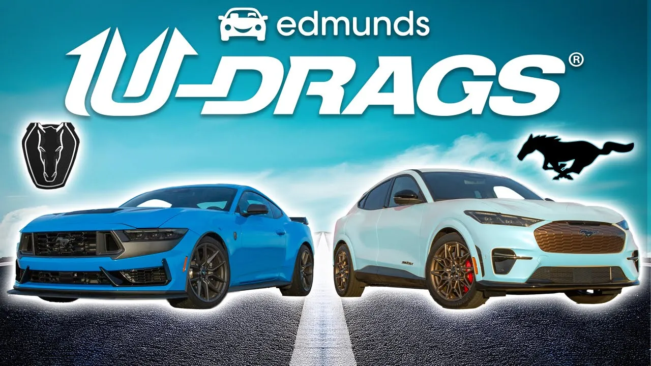 EDMUNDS U-DRAGS: Ford Mustang Dark Horse vs. Mustang Mach-E GT | Handling, Quarter Mile & More