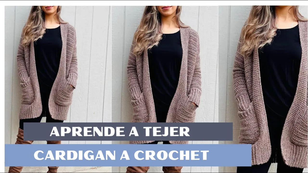 Cárdigan largo a crochet en tono malva grisáceo, con bolsillos y bordes acanalados, de Brenny’s Crochet.