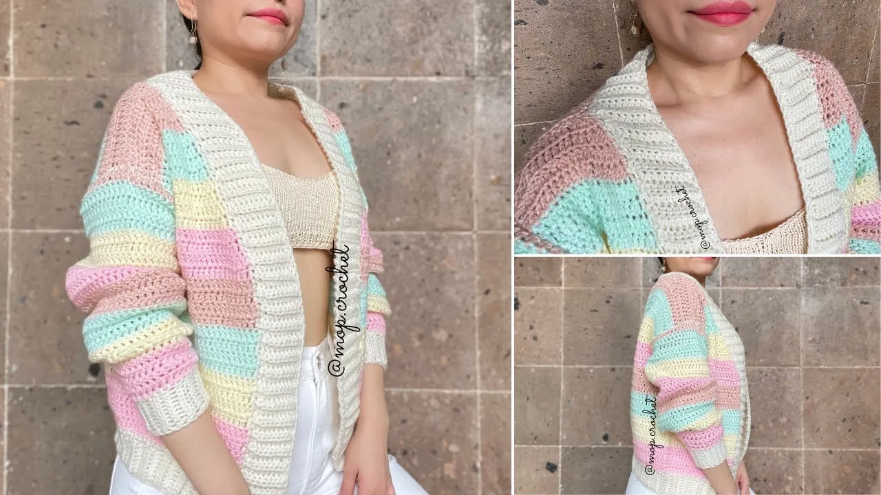 Cárdigan a crochet de rayas pastel rosas, amarillas y azul claro, con borde crema y mangas holgadas, de MOP Crochet.