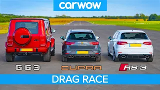 AMG G63 v Audi RS3 v Leon CUPRA R – DRAG RACE, ROLLING RACE & BRAKE TEST
