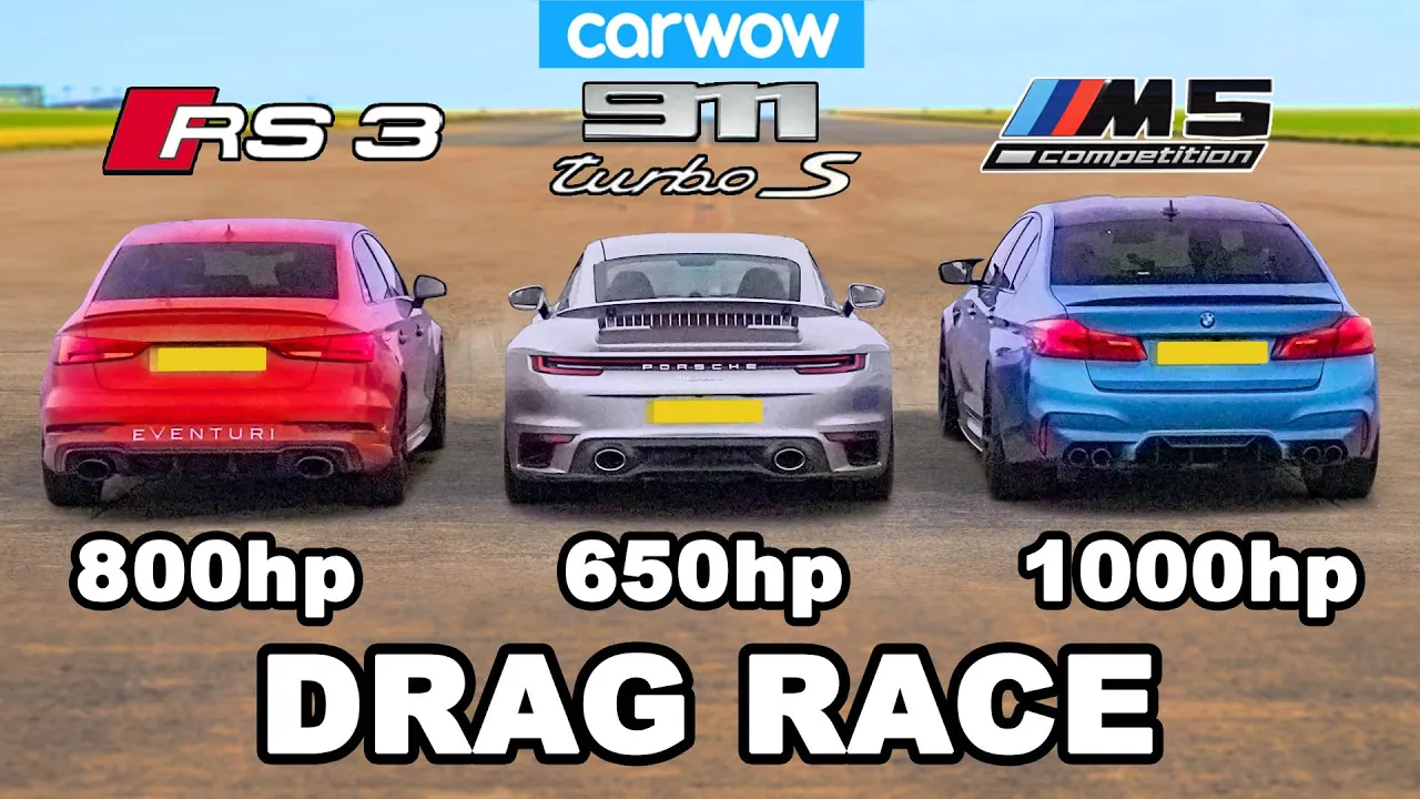 BMW M5 1,000hp v Audi RS3 800hp v Porsche 911 Turbo S - DRAG RACE