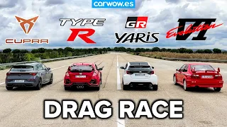 CUPRA LEON vs CIVIC TYPE R vs GR YARIS vs EVO VI: DRAG RACE y CIRCUITO