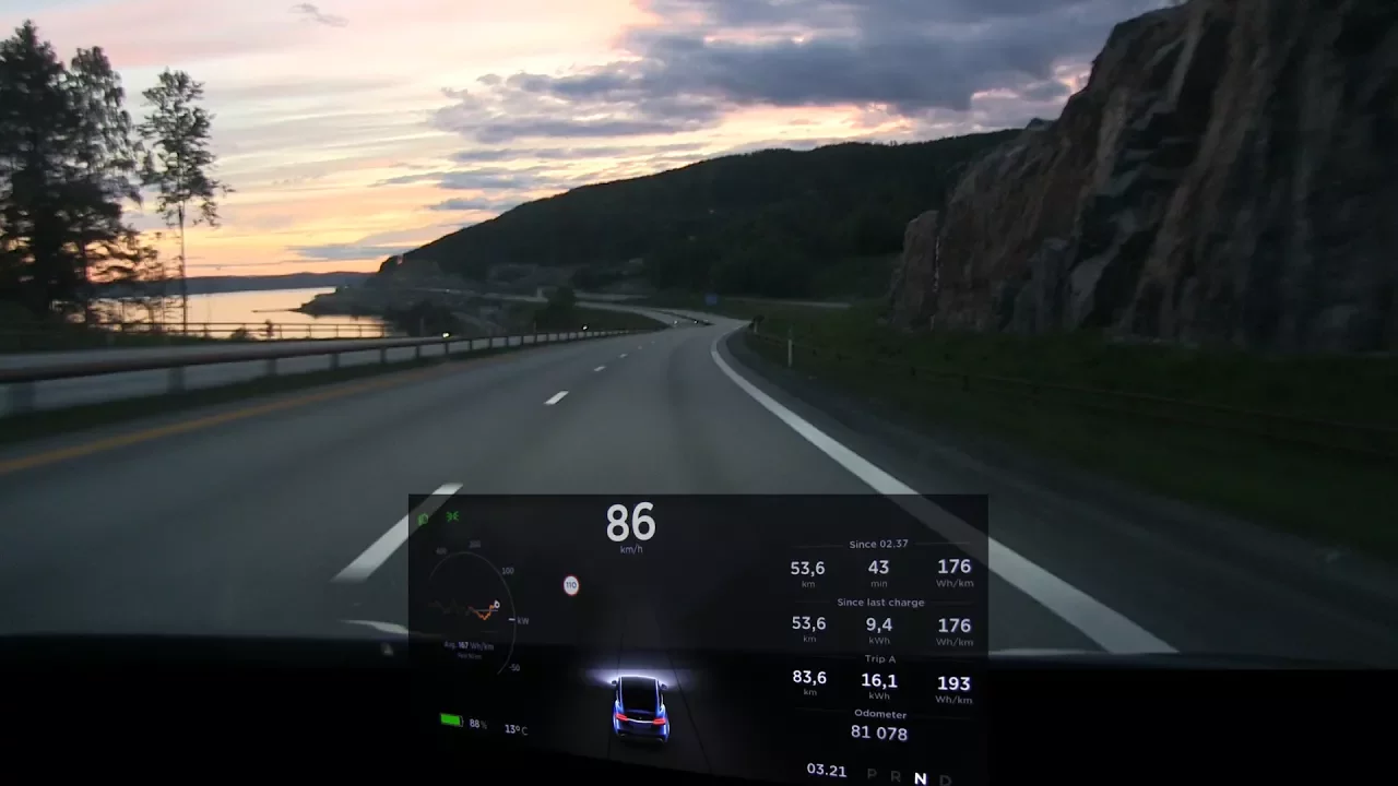 Model X P90D 450 km/280 mi range eco driving timelapse