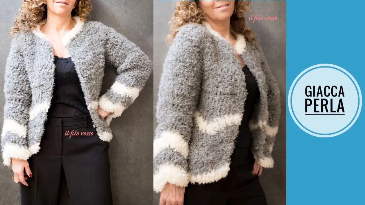 Chaqueta Perla a crochet gris, con textura de pelo y franjas blancas en mangas y bajo, de il filo rosso.