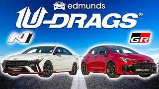 EDMUNDS U-DRAGS: Toyota GR Corolla vs. Hyundai Elantra N | Quarter Mile, Handling, & More