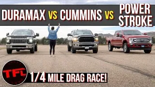 HD Diesel Duel - Ford F-250 vs Chevy Silverado 2500 vs Ram 2500 Quarter Mile Drag Race!