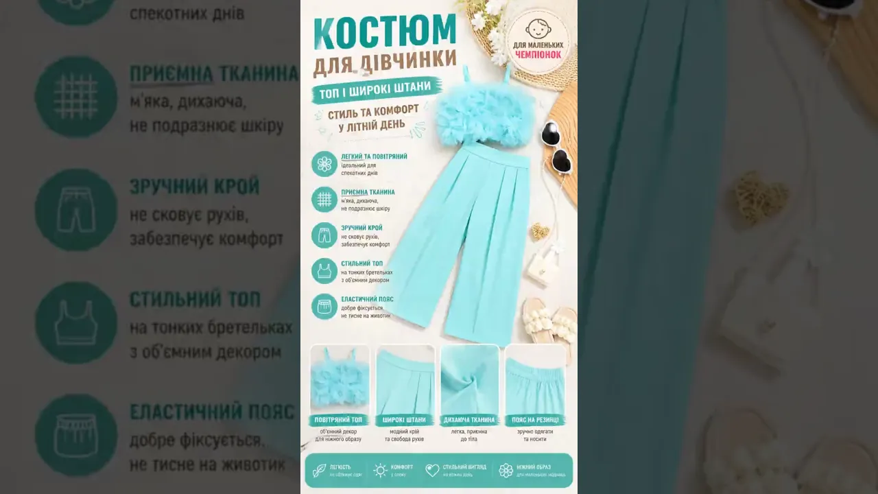 Стильный костюм для девочки на лето цвет бирюзовый 10812