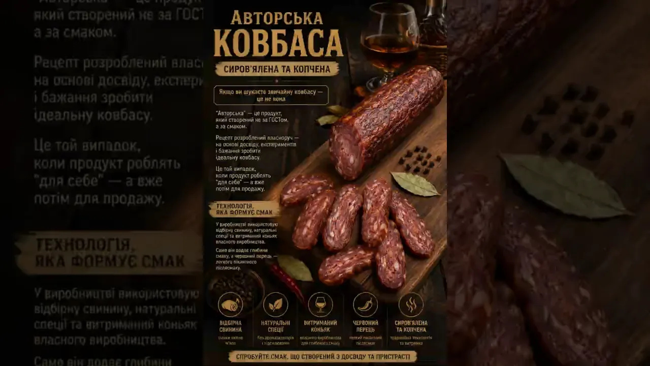 Авторська ковбаса, сиров'ялена та копчена