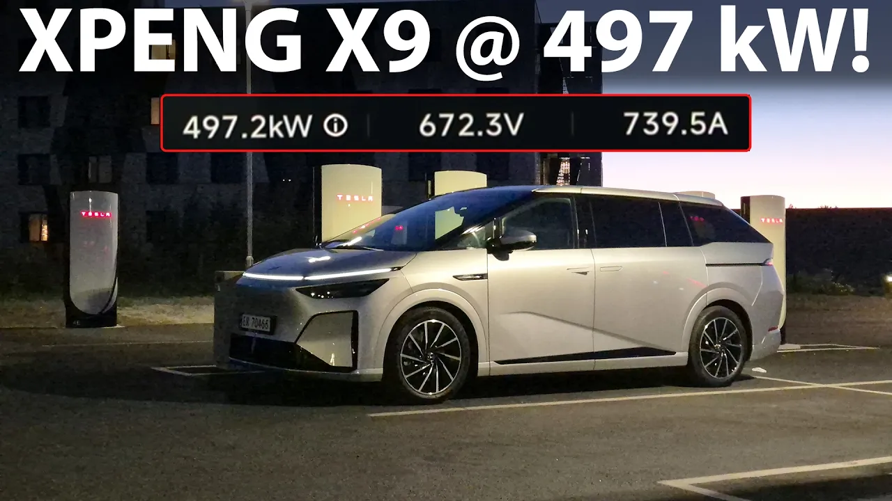 Xpeng X9 charging at 500 kW v4 Tesla Supercharger in Norway