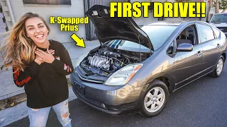 FIRST DRIVE on Honda K-Series Swapped PRIUS! THIS THING FREAKIN RIPS!!! *Open Headers*