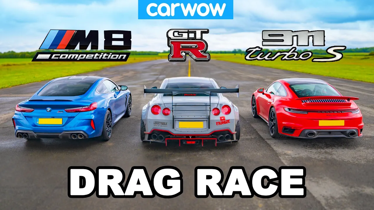 Porsche 911 Turbo v BMW M8 v Nissan GT-R: DRAG RACE