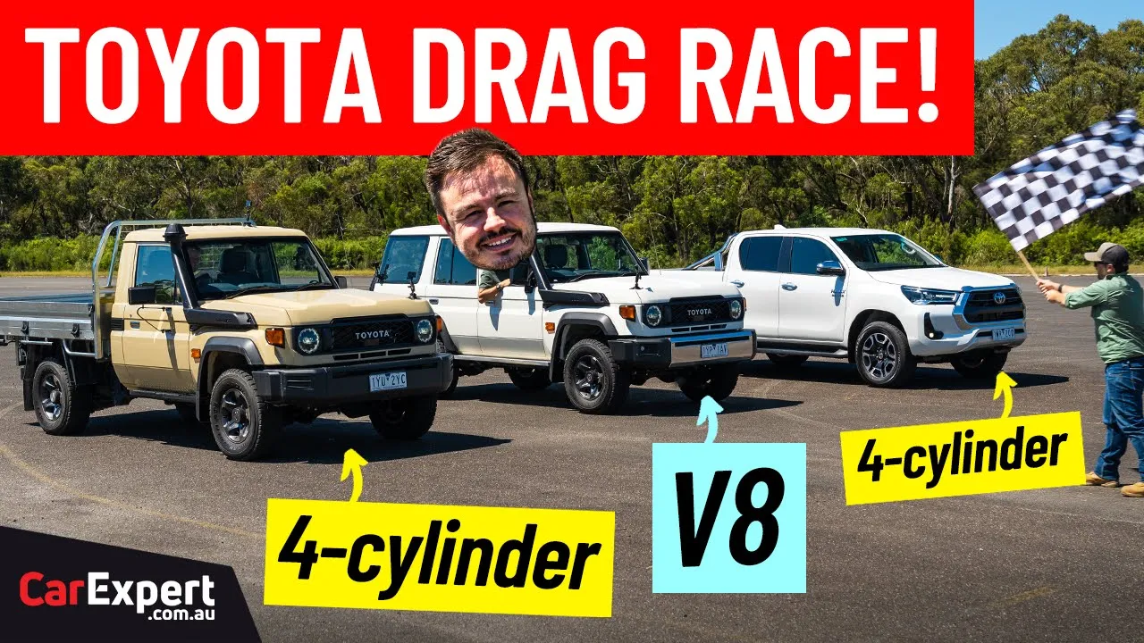 Drag race: V8 LandCruiser 70 v 4-cyl LandCruiser 70 v 4-cyl HiLux, roll race and 1/4 mile times
