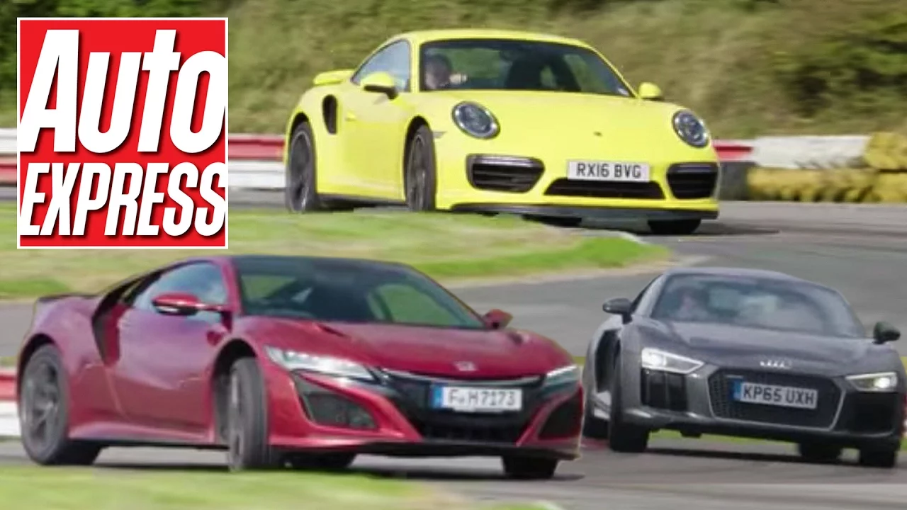Honda NSX vs Porsche 911 Turbo vs Audi R8 V10 supercar track battle