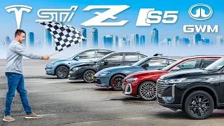 $50k family car DRAG RACE: Haval H6 PHEV vs Audi S5 vs WRX STi vs Nissan Z Nismo vs Tesla Model Y