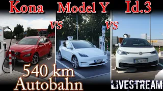 (live) Kona vs Id.3 vs Model Y Autobahn