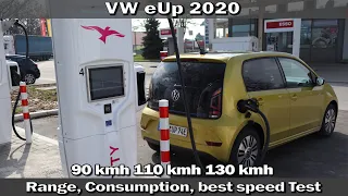 VW eUp! 2020 - Consumption, Range at 90,110,130 kmh