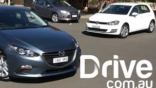 Mazda3 2014 v Ford Focus v Volkswagen Golf Comparison | Drive.com.au