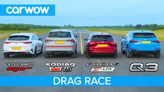 Skoda vRS v Audi Q3 v Ford Focus v Kia GT -  THE carwow garage DRAG RACE, ROLLING RACE & BRAKE TEST