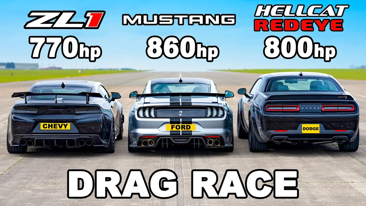 Ford Mustang v Chevy Camaro v Dodge Hellcat Redeye: DRAG RACE
