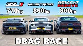 Ford Mustang v Chevy Camaro v Dodge Hellcat Redeye: DRAG RACE