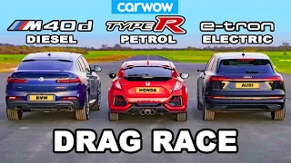 BMW X4 M40d v Civic Type R v Audi e-tron: DRAG RACE *Diesel v Petrol v Electric*