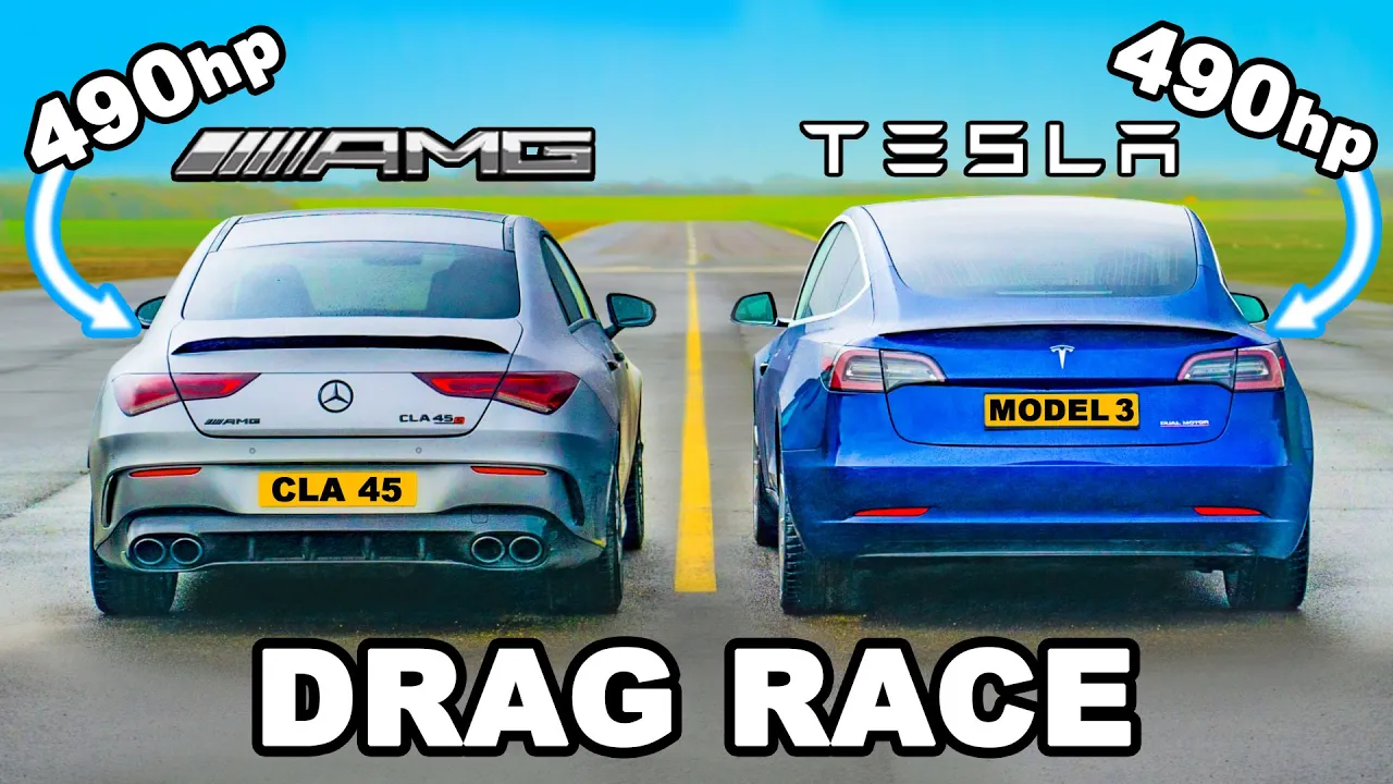 490hp AMG CLA 45 v Tesla Model 3 Performance: DRAG RACE