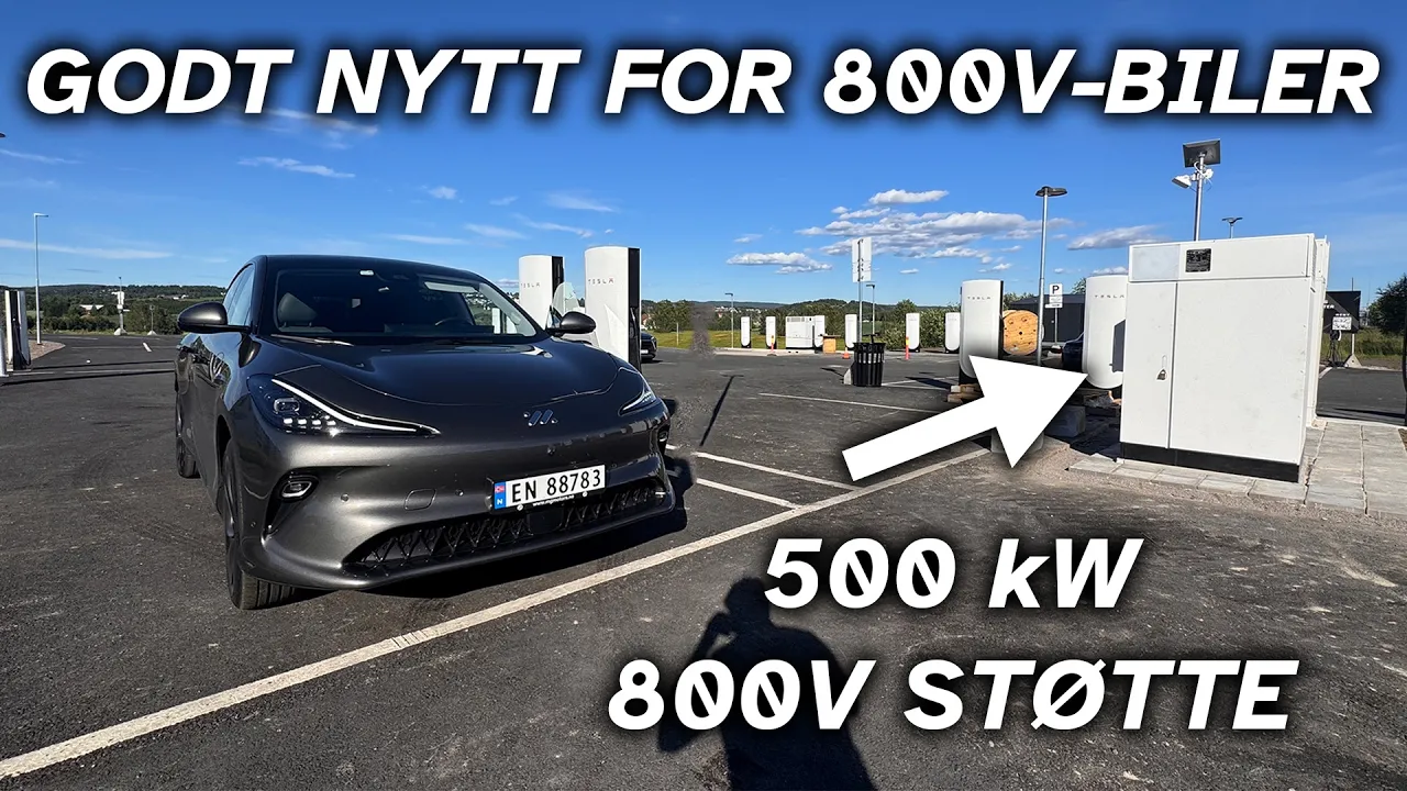 Europas (og Norges) første 500 kW V4 Tesla Supercharger møter en 800V-bil