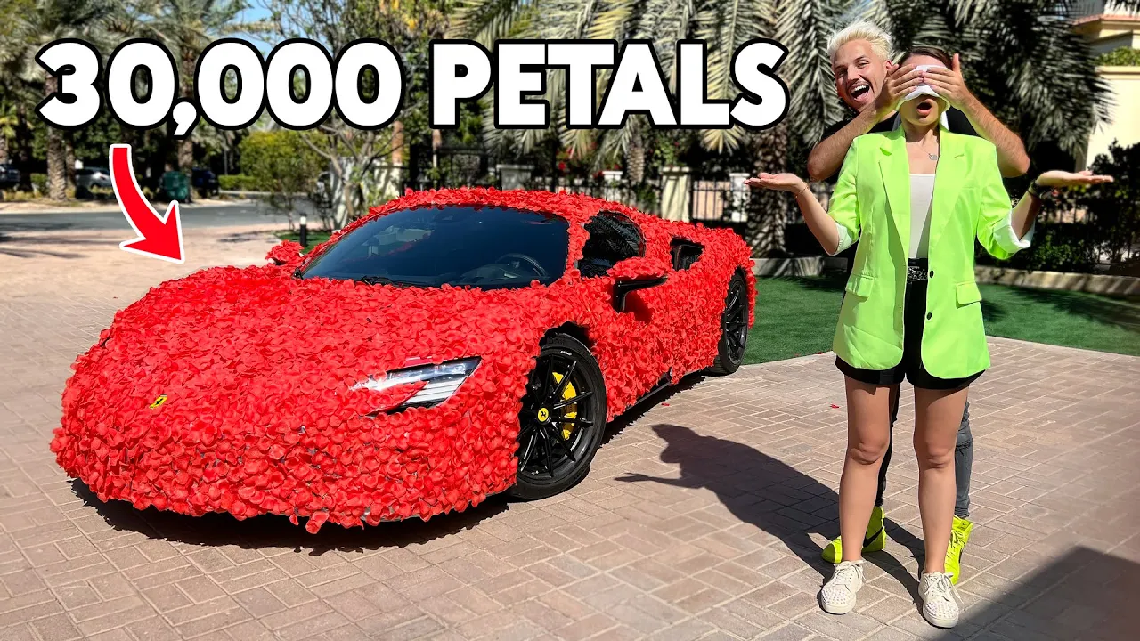 Surprising Girlfriend with Rose Covered Ferrari