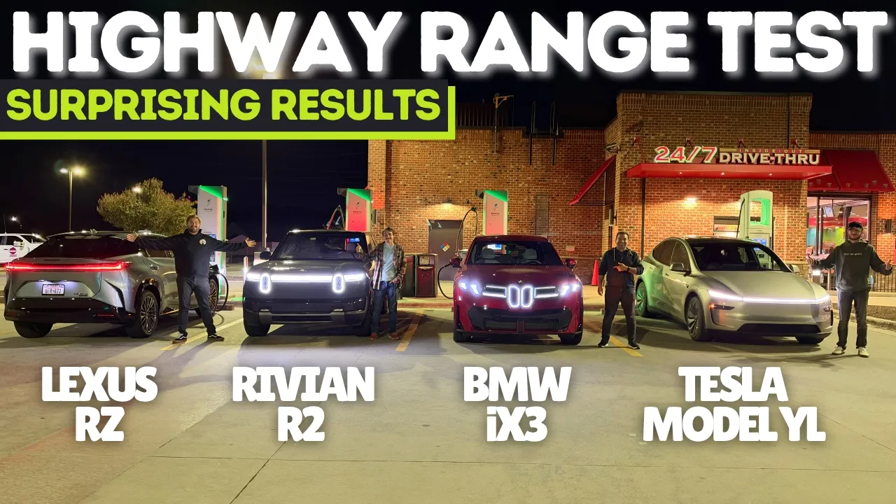 Highway Range Test! BMW iX3 vs. Rivian R2 vs. Model Y L vs. Lexus RZ