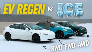 Is Electric Car Regen Dangerous On Ice? I Brought A RWD, FWD, & AWD EV To A Snowy Track To Find Out