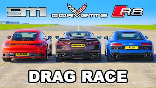 Audi R8 v Chevy Corvette v Porsche 911: DRAG RACE