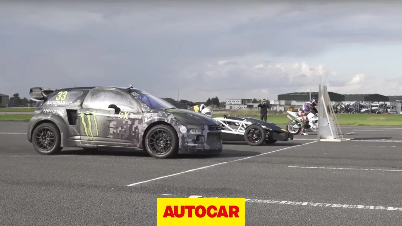 Ariel Atom 3.5R vs Yamaha YZF R1 vs Monster Energy Citroen DS3 Rallycross supercar - Drag race