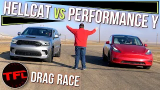 Can A Tesla Model Y Performance BEAT The Mighty Dodge Durango Hellcat In A Drag Race?