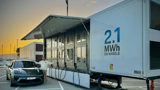 This Trailer Has 320kW (x10) DC Fast Chargers & 2.1MWh Storage - Porsche Turbo Charging Trailer