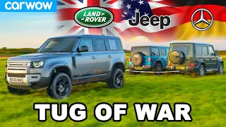 Mercedes G350 v Land Rover Defender v Jeep Wrangler - TUG OF WAR